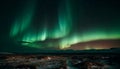 Night sky illuminated by majestic aurora polaris in arctic landscape generated by AI