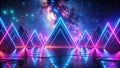 Night sky illuminated by neon triangles reflecting on a dark, icy surface. Generative AI Royalty Free Stock Photo