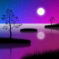 Night Sky At Lake. Full Moon And Stars Water Reflection. Islands Covered With Grass And Lone Trees