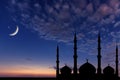 Night sky mosque silhouette, Crescent moon stars, Ramadan Kareem