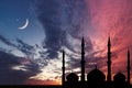 Night sky mosque silhouette, Crescent moon stars, Ramadan Kareem Royalty Free Stock Photo