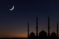 Night sky mosque silhouette, Crescent moon stars, Ramadan Kareem Royalty Free Stock Photo