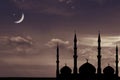 Night sky mosque silhouette, Crescent moon stars, Ramadan Kareem Royalty Free Stock Photo