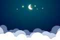 Night sky, light stars and bright moon over the clouds background illustration, copy space composition, paper cut style.