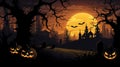 A night sky lit by a sinister moon, with a landscape filled with foreboding pumpkins - Halloween scene - generative AI Royalty Free Stock Photo