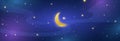 Night sky long banner. Half moon and stars in midnight. Blue shining space universe. Ramadan Kareem festival background. Starry