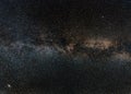 Night sky, many stars with milky way around Cepheus and Cygnus constellation, Andromeda galaxy visible in lower left corner. Long Royalty Free Stock Photo