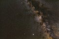 Night sky with many stars, milky way galaxy near Scutum and Aquila constellation, purple nebulas - Eagle, Omega, Triffid and