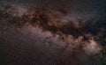 Night sky with milky way around Aquila constellation visible, bright Altair star in lower middle. Long exposure stacked photo. Royalty Free Stock Photo