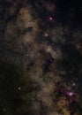 Night sky with milky way near Sagittarius constellation, bright Kaus Borealis star in lower middle, purple Lagoon Royalty Free Stock Photo