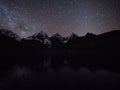 Night Sky Milky Way Stars At Cordillera Huayhuash Circuit Andes Alpine Mountain Lake Laguna Carhuacocha Ancash Peru