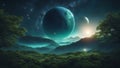 night sky and moon A dreamy space scene with a blue and green planet and two moons. The planet has oceans, forests, Royalty Free Stock Photo