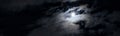 Night sky with moon and mystic clouds, panoramic scary dark gothic background. Concept of horror, Halloween, spooky space Royalty Free Stock Photo