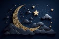 Night sky with moon, stars, and clouds. Paper art style. Vector illustration. Generative AI Royalty Free Stock Photo