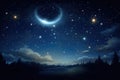 Night sky with moon and stars. Elements of this image furnished by NASA, A starry night sky with a crescent moon and tiny glow in