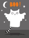 Funny Halloween Vector Illustration with Ghost Cat. Scary Cat in Ghots Costume Isolated on the Dark Gray Background.