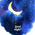 Night sky with moon and stars watercolor abstract stain Vector night sky background Good night. Royalty Free Stock Photo