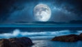 Night sky moonlight ocean landscape. AI art generated Royalty Free Stock Photo