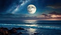 Night sky moonlight ocean landscape. AI art generated Royalty Free Stock Photo