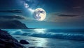 Night sky moonlight ocean landscape. AI art generated Royalty Free Stock Photo