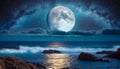 Night sky moonlight ocean landscape. AI art generated Royalty Free Stock Photo