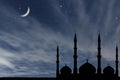 Night sky mosque silhouette, Crescent moon stars, Ramadan Kareem Royalty Free Stock Photo