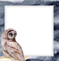 Square watercolor frame. Night sky with an owl on a branch. Forest landscape. Texture background for design.