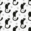 Night sky pattern. Vector magical seamless pattern with black cat, moon and stars. Royalty Free Stock Photo
