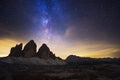 Tre cime dolomites and a beautiful Milky Way Royalty Free Stock Photo