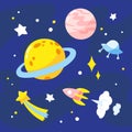 Night sky with planets, rocket and stars. Royalty Free Stock Photo