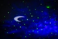 Night sky projector, blurred. Defocused moon and stars on ceiling. Galaxy background, unfocused. Modern technology. Royalty Free Stock Photo