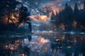The night sky is reflected in the still waters of a mountain lake, surrounded by a dense forest Royalty Free Stock Photo
