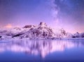 Night sky and reflection on the frozen lake. Royalty Free Stock Photo