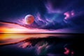 night sky on sea big moon on horizon mountains mediterranean sunset blurred city light Royalty Free Stock Photo