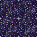 Night sky seamless pattern. Constellations map with planets and stars. Hand drawn astronomical background Royalty Free Stock Photo