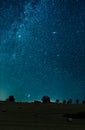 Night sky shot over the field. Milky way galaxy, Andromeda galaxy, Triangle galaxy and Pleiades star cluster is visible in the sky