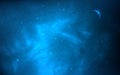 Night sky. Starry background with planet. Blue galaxy with realistic clouds. Glowing cosmos texture. Deep space backdrop Royalty Free Stock Photo