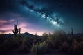 night sky with starry background and silhouettes of cactuses in the desert