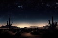 night sky with starry background and silhouettes of cactuses in the desert