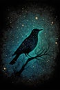 Night sky with starry sky and black crow. Vector illustration. Royalty Free Stock Photo