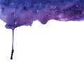 Night sky and stars. Abstract watercolor flow down hand painted background.