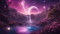 night sky and stars _A beautiful space scene with a purple and pink planet and four moons. The planet has flowers Royalty Free Stock Photo