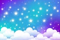 Night sky with stars and clouds. Magical landscape, abstract fabulous pattern. Cute candy wallpaper. Vector cartoon Royalty Free Stock Photo