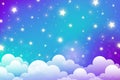 Night sky with stars and clouds. Magical landscape, abstract fabulous pattern. Cute candy wallpaper. Vector cartoon Royalty Free Stock Photo