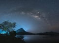 Night sky with stars and The Milky Way is above the mountain and reflection on the water