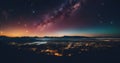 Night sky with stars and milky way over the mountains. Panorama