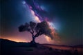 Night sky with stars and milky way over tree in desert. Royalty Free Stock Photo