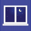 Night sky with stars and a month in the window. Window on a blue striped wall. Royalty Free Stock Photo
