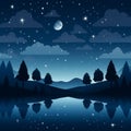 Night Sky With Stars And Moon Over A Lake And Trees