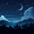 Night Sky With Stars And Moon Over Mountains And Trees
